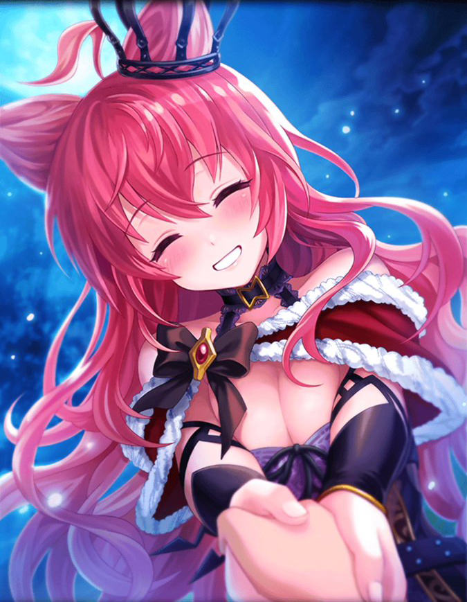 1girl ahoge alternate_costume artist_request blush bow breasts capelet cleavage closed_eyes collar crown_hair_ornament fur_trim hair_ears hair_ornament holding_hand large_breasts long_hair night night_sky official_art phantom_of_the_kill redhead sky smile yagrush_(phantom_of_the_kill)