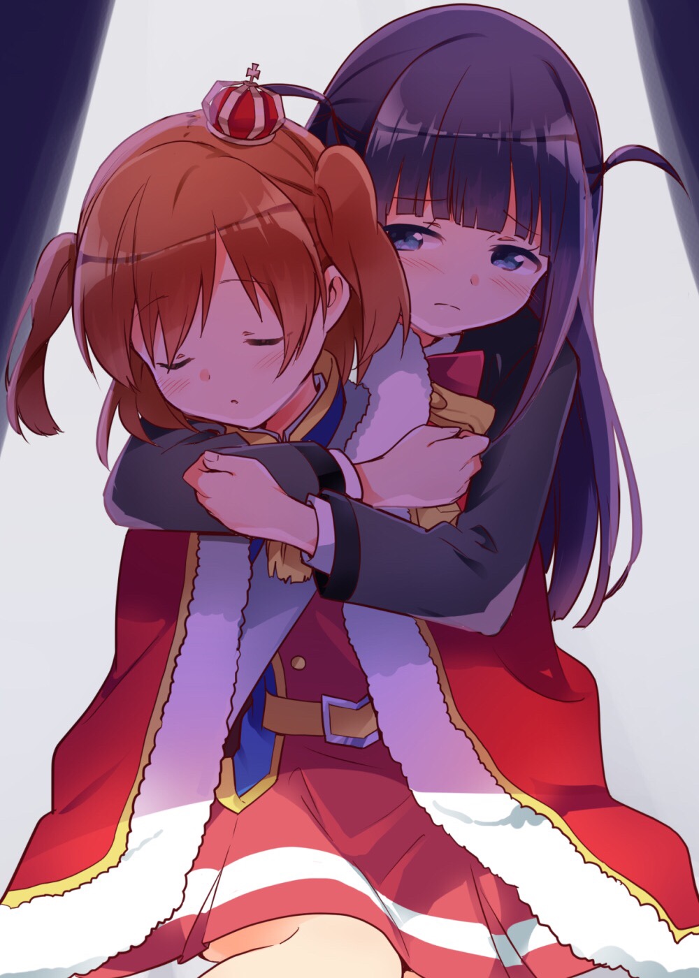 2girls aijou_karen bangs black_hair blunt_bangs blush bow bowtie brown_hair closed_eyes double-breasted eyebrows_visible_through_hair fur_trim highres hug hug_from_behind jacket_on_shoulders long_hair multiple_girls pleated_skirt sad sash short_hair shoujo_kageki_revue_starlight skirt spotlight tachi_(gutsutoma) tsuyuzaki_mahiru two_side_up yuri