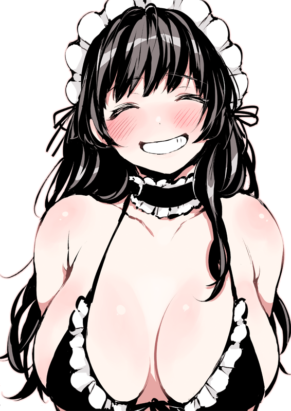 1girl ^_^ bangs bare_shoulders bikini black_bikini black_choker black_hair blush breasts choker cleavage closed_eyes closed_eyes dot_nose frilled_bikini frilled_choker frills grin image_sample large_breasts long_hair maid_headdress original simple_background smile solo swimsuit teeth tumblr_sample uekan upper_body white_background