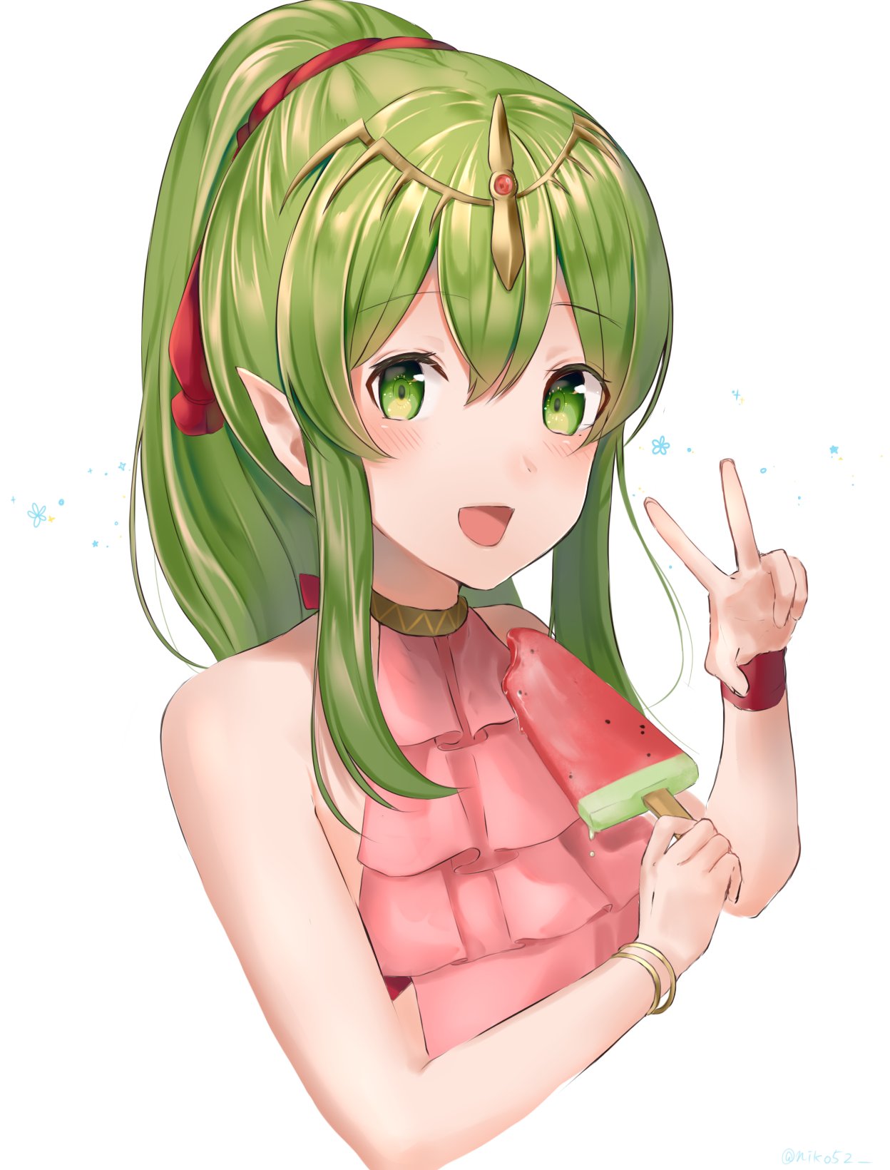 1girl bare_shoulders bracelet chiki fire_emblem fire_emblem:_mystery_of_the_emblem fire_emblem_heroes food green_eyes green_hair hair_ribbon highres jewelry long_hair mamkute niko_(aiai03012) open_mouth pink_swimsuit pointy_ears ponytail popsicle red_ribbon ribbon simple_background solo swimsuit tiara v watermelon_bar white_background wristband