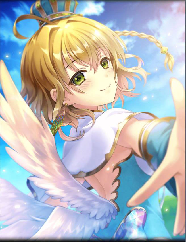 1girl alternate_costume artist_request backless_outfit blonde_hair blush braid capelet cita_(phantom_of_the_kill) crown crown_hair_ornament detached_sleeves earrings green_eyes jewelry looking_at_viewer official_art phantom_of_the_kill short_hair smile wings