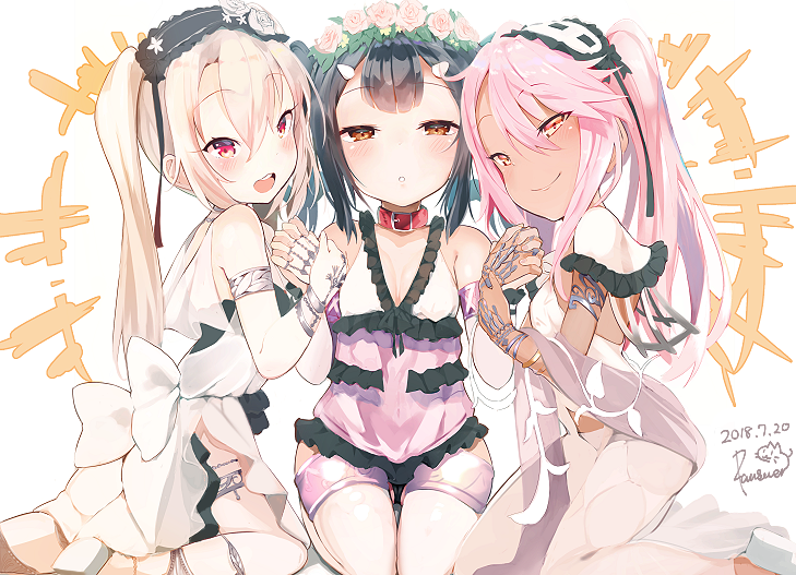 3girls armlet bangs bare_shoulders belt_buckle belt_collar black_hair blunt_bangs blush bracelet breasts buckle chloe_von_einzbern collar cosplay dark_skin dated detached_sleeves dress euryale euryale_(cosplay) eyebrows_visible_through_hair fate/grand_order fate/hollow_ataraxia fate/kaleid_liner_prisma_illya fate/stay_night fate_(series) hair_between_eyes hairband illyasviel_von_einzbern jewelry lavender_dress lolita_hairband long_hair long_sleeves looking_at_viewer medusa_(lancer)_(fate) medusa_(lancer)_(fate)_(cosplay) miyu_edelfelt multiple_girls open_mouth orange_eyes p_answer pink_eyes pink_hair red_belt red_collar rider see-through small_breasts smile stheno stheno_(cosplay) strapless strapless_dress twintails white_dress white_hair white_hairclip yellow_eyes