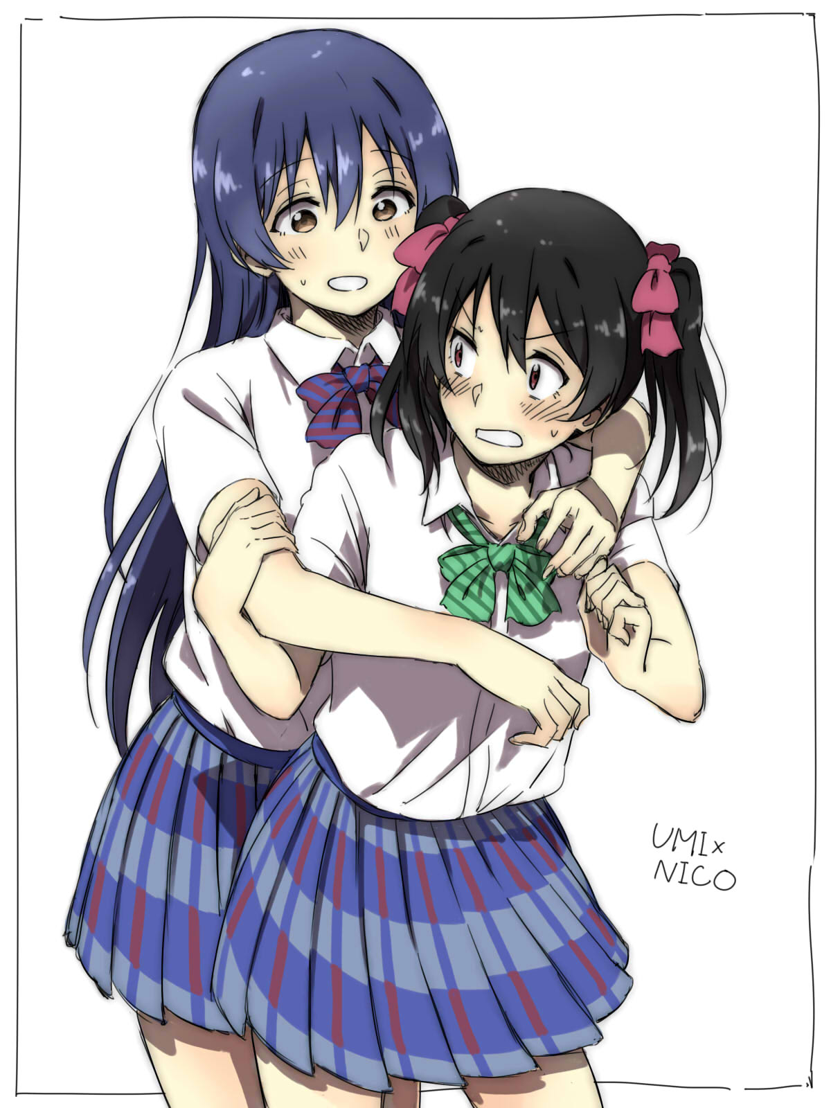 2girls bangs black_hair blue_hair blush commentary_request cowboy_shot hair_between_eyes highres hug hug_from_behind joint06 long_hair love_live! love_live!_school_idol_project multiple_girls otonokizaka_school_uniform red_eyes simple_background smile sonoda_umi twintails white_background yazawa_nico yellow_eyes yuri