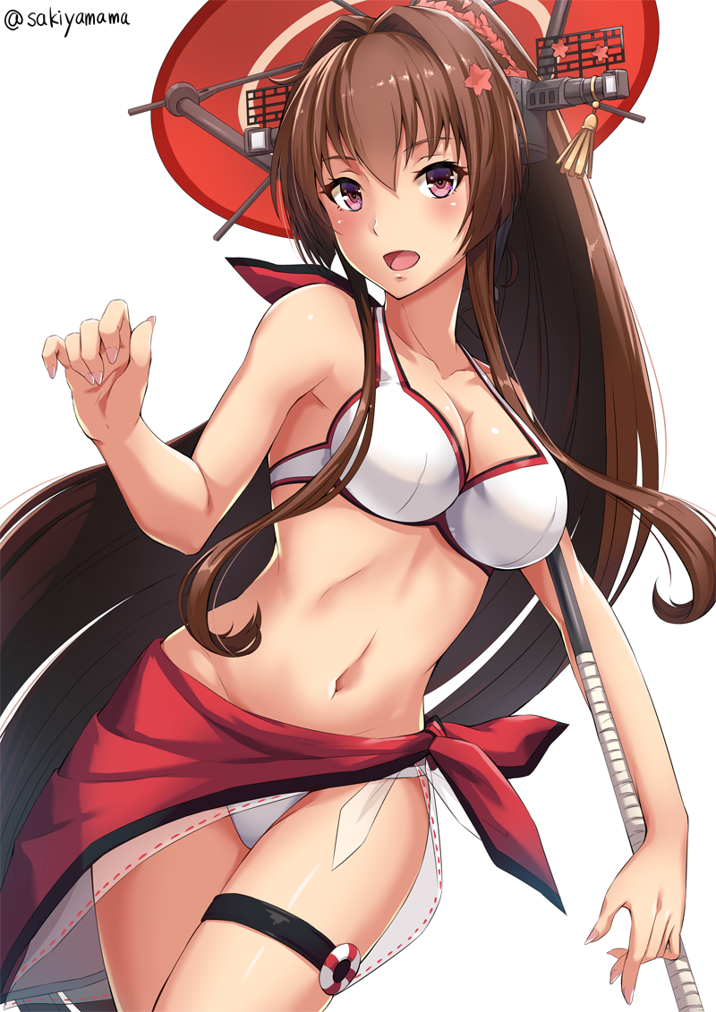 1girl :d adapted_costume artist_name bare_arms bare_shoulders bikini breasts brown_hair cherry_blossoms cleavage collar collarbone flower hair_between_eyes hair_flower hair_intakes hair_ornament headgear holding holding_umbrella kantai_collection kikumon large_breasts long_hair looking_at_viewer navel open_mouth oriental_umbrella outdoors parasol red_umbrella sakiyamama sarong shiny shiny_skin simple_background smile solo summer swimsuit tan thigh_strap umbrella very_long_hair white_background white_bikini yamato_(kantai_collection)