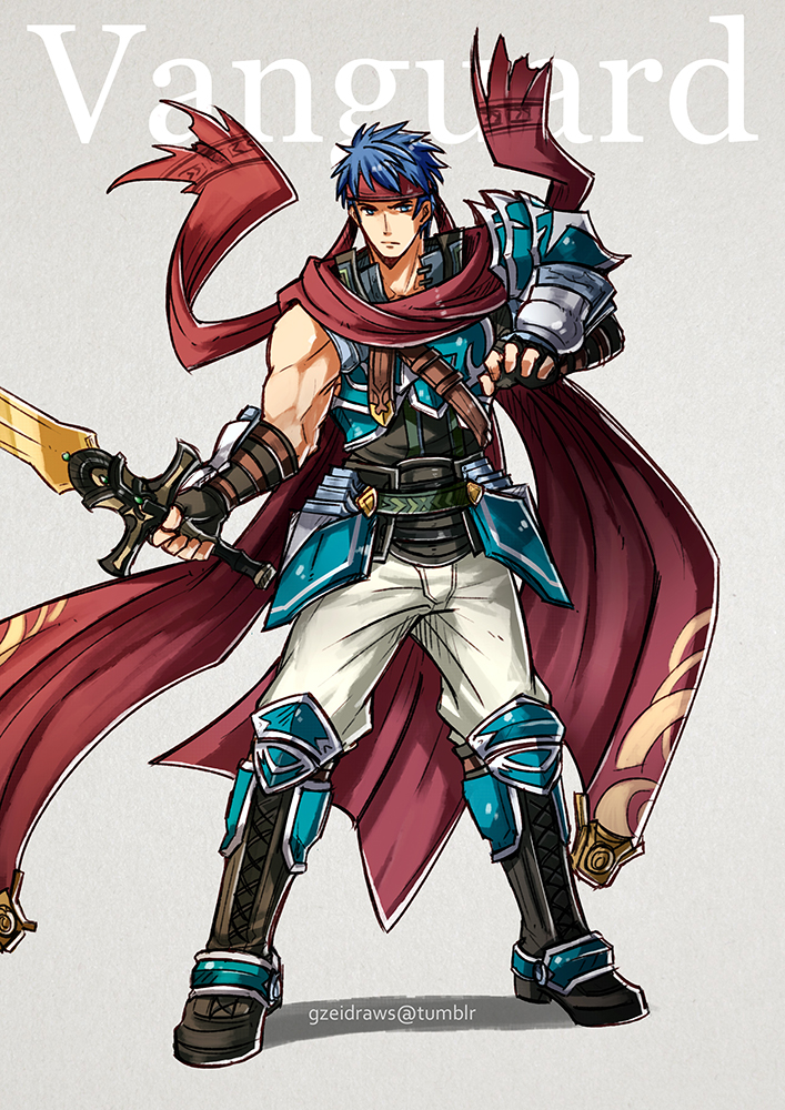 1boy armor blue_eyes blue_hair breastplate fingerless_gloves fire_emblem fire_emblem:_akatsuki_no_megami fire_emblem:_souen_no_kiseki gloves greaves grey_background gzei headband holding holding_sword holding_weapon ike looking_at_viewer pauldrons scarf simple_background solo sword weapon