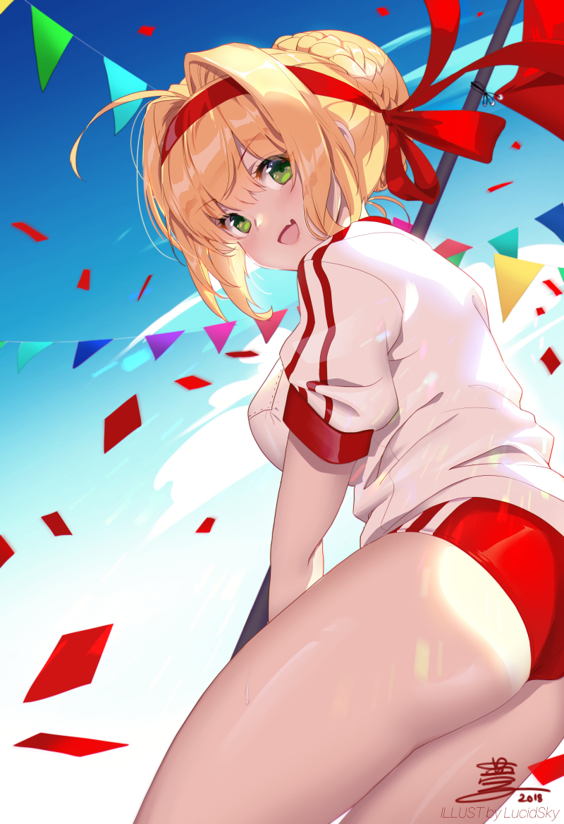 1girl ahoge ass blonde_hair blue_sky braid breasts buruma confetti fate/extra fate/grand_order fate_(series) french_braid green_eyes gym_uniform hair_bun hair_intakes headband nero_claudius_(fate) nero_claudius_(fate)_(all) olympian_bloomers open_mouth red_buruma short_sleeves sky smile solo thighs yume_ou