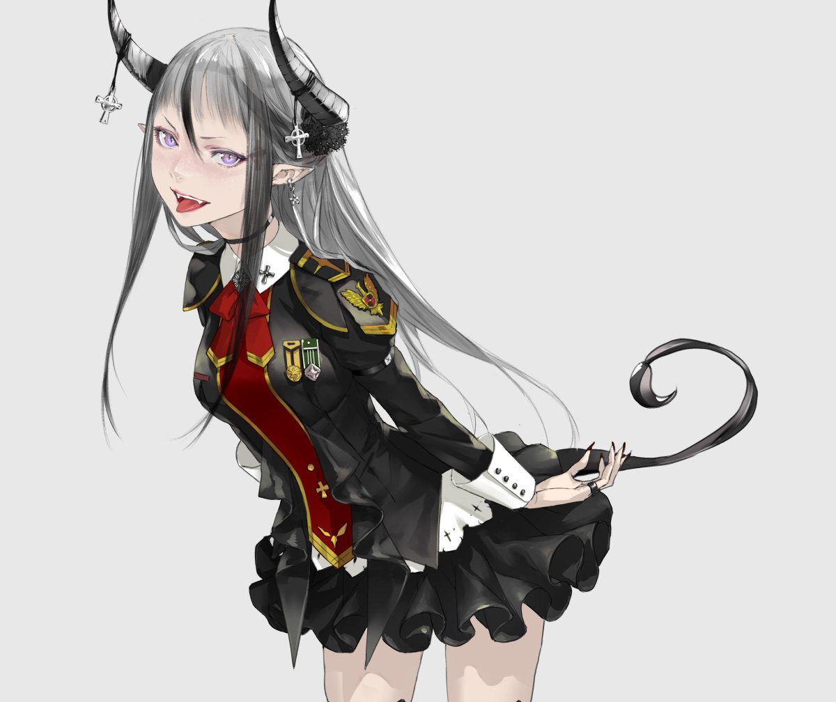 1girl choker earrings fangs grey_hair horns jewelry lips long_hair military military_uniform multicolored_hair nail_polish original redjuice ribbon simple_background skirt solo tail tongue tongue_out two-tone_hair uniform violet_eyes