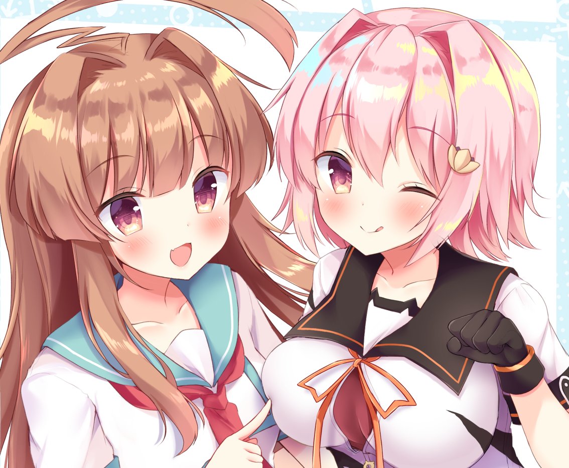 2girls ahoge black_gloves black_sailor_collar blue_sailor_collar breasts brown_eyes brown_hair commentary_request gloves hair_ornament huge_ahoge kantai_collection kuma_(kantai_collection) long_hair looking_at_viewer masayo_(gin_no_ame) medium_breasts multiple_girls neckerchief one_eye_closed open_mouth pink_hair red_eyes red_neckwear remodel_(kantai_collection) sailor_collar school_uniform serafuku short_hair short_sleeves smile tama_(kantai_collection) upper_body