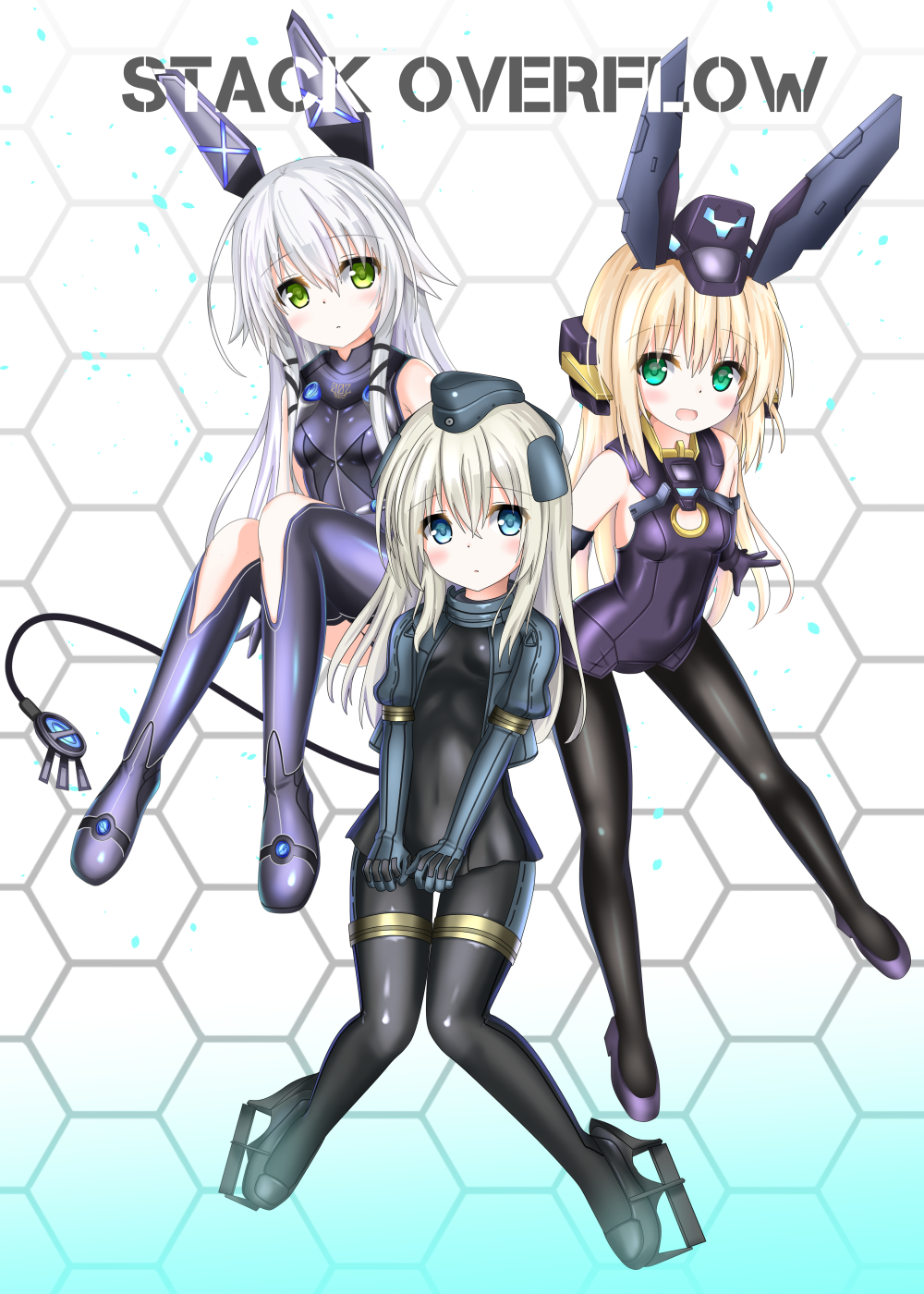 3girls altina_orion baselard black_gloves black_legwear black_leotard black_pants black_shirt blonde_hair blue_eyes bodysuit boots covered_navel cropped_jacket crossover eiyuu_densetsu elbow_gloves frame_arms_girl full_body gloves green_eyes grey_hair hat highres jacket kantai_collection knees_together_feet_apart knees_up langley1000 leggings leotard long_hair multiple_girls open_mouth pants pantyhose sen_no_kiseki shiny shirt shoes silver_hair sitting smile thigh-highs thigh_boots thigh_strap tight tight_pants u-511_(kantai_collection)