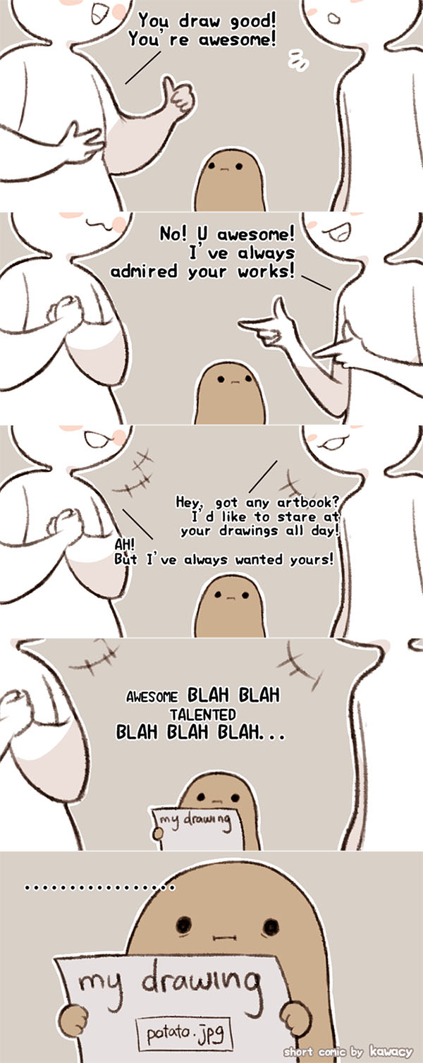 +++ ... 5koma :3 :d :i ambiguous_gender artist_name blush_stickers brown_background closed_mouth comic commentary english english_commentary finger_gun hands_up highres holding kawacy open_mouth original own_hands_together parted_lips potato smile solid_circle_eyes thumbs_up
