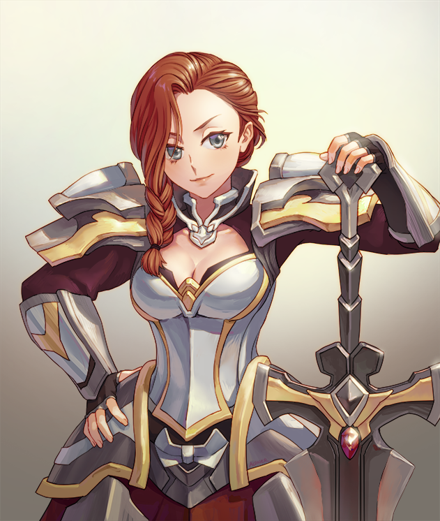 1girl aloner arena_of_valor armor artist_name astrid_(arena_of_valor) blue_eyes braid breasts cleavage fingerless_gloves gloves long_hair redhead single_braid solo sword upper_body weapon
