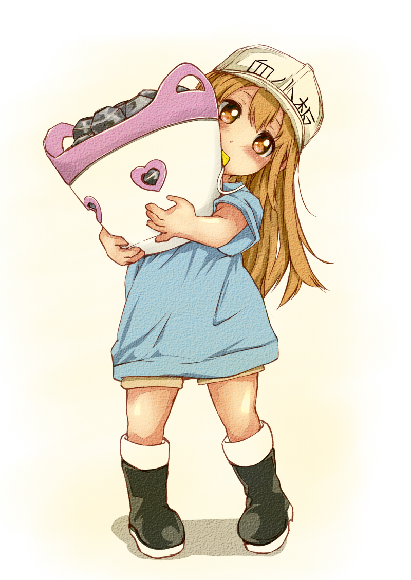 1girl bangs black_footwear blue_shirt blush boots brown_eyes brown_hair brown_shorts character_name commentary_request eyebrows_visible_through_hair flat_cap full_body hair_between_eyes hat hataraku_saibou head_tilt holding knee_boots long_hair looking_at_viewer mouth_hold platelet_(hataraku_saibou) rizzl shirt short_shorts short_sleeves shorts solo standing very_long_hair whistle white_background white_hat