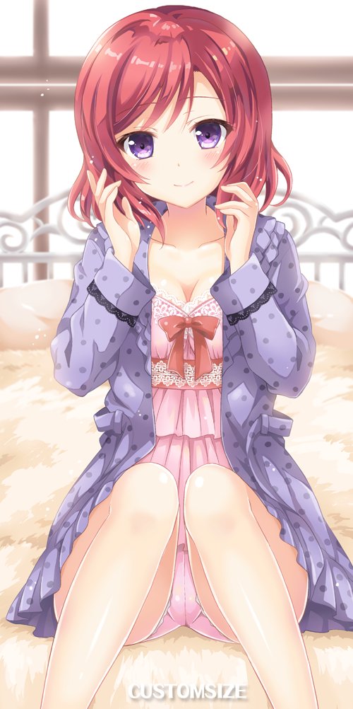 1girl blush bow breasts circle_name cleavage collarbone eyebrows_visible_through_hair frills hands_up jacket lace_trim long_sleeves looking_at_viewer love_live! love_live!_school_idol_project nishikino_maki on_bed pink_pajamas polka_dot_jacket purple_jacket red_bow redhead sakurai_makoto_(custom_size) short_hair sitting sitting_on_bed smile solo violet_eyes