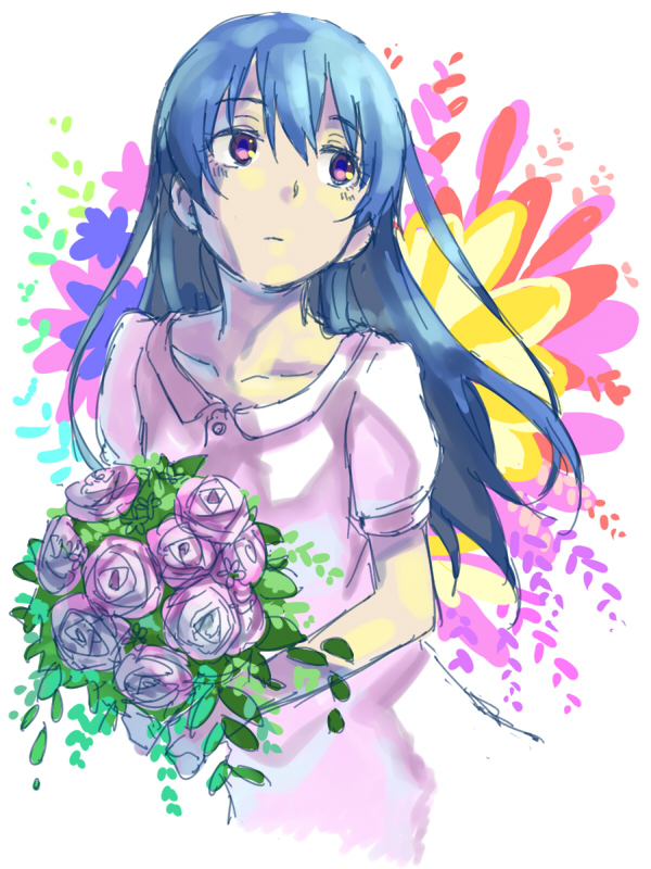 1girl bangs blue_hair bouquet dress flower hair_between_eyes joint06 long_hair love_live! love_live!_school_idol_project solo sonoda_umi