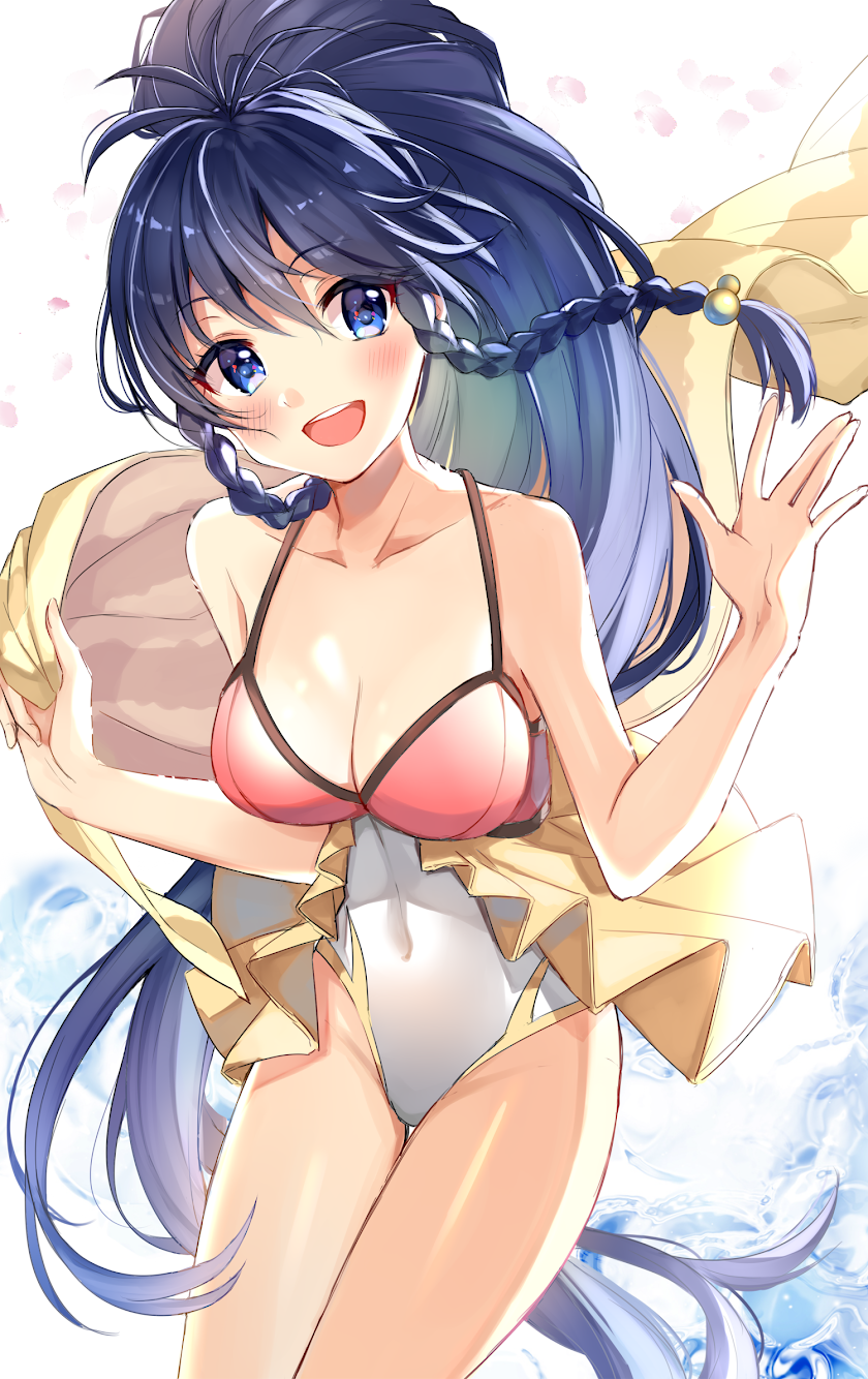 1girl absurdly_long_hair bare_shoulders blue_eyes blue_hair blush braid breasts collarbone commentary_request covered_navel cowboy_shot eyebrows_visible_through_hair fire_emblem fire_emblem:_seima_no_kouseki fire_emblem_heroes highleg highleg_swimsuit highres leaning_forward long_hair looking_at_viewer medium_breasts one-piece_swimsuit open_mouth ponytail satoimo_chika solo swimsuit tana thighs twin_braids very_long_hair