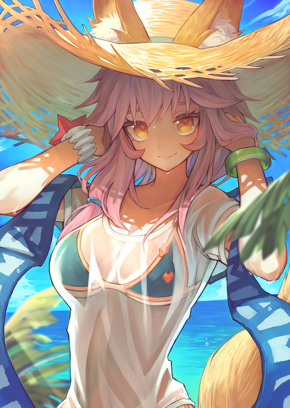 1girl animal_ears arms_up bikini bikini_under_clothes blue_bikini bracelet commentary_request ears_through_headwear fate/grand_order fate_(series) fox_ears fox_tail hat highres jewelry looking_at_viewer ocean pink_hair shirt smile solo straw_hat sun_hat swimsuit tail tamamo_(fate)_(all) tamamo_no_mae_(swimsuit_lancer)_(fate) teko water wet wet_clothes wet_shirt wet_t-shirt yellow_eyes