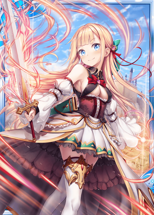 1girl akkijin armpits bare_shoulders blonde_hair blue_eyes blue_sky card_(medium) castle dress energy_sword fire frilled_skirt frills green_ribbon hair_ornament hair_ribbon official_art red_dress red_ribbon ribbed_dress ribbon shinkai_no_valkyrie skirt sky sword thigh-highs weapon