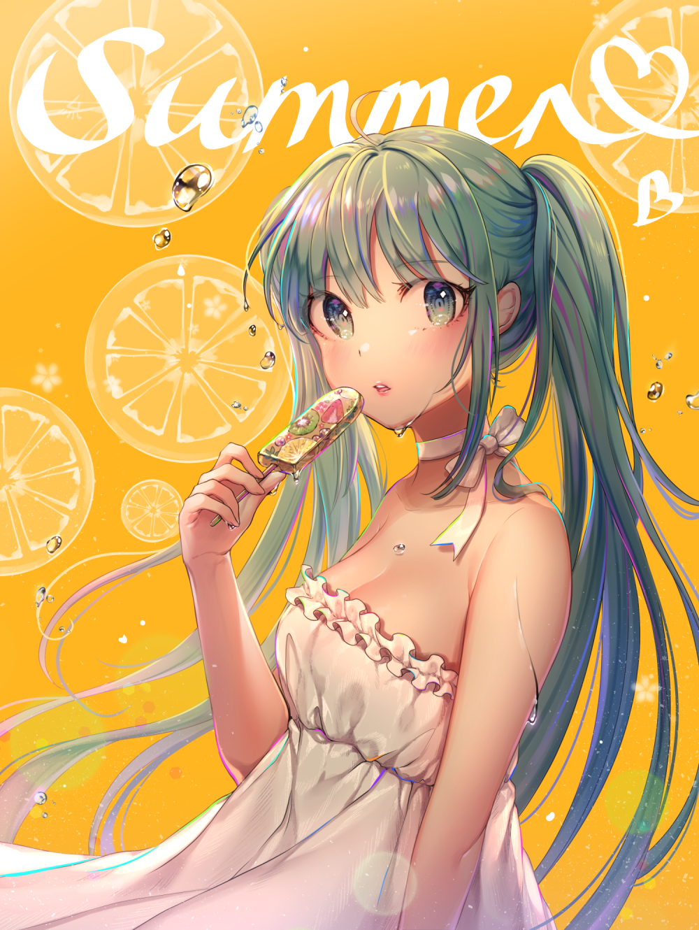 1girl bangs bare_arms bare_shoulders breasts collarbone dress english eyebrows_visible_through_hair fingernails food fruit gradient gradient_background green_eyes green_hair hair_between_eyes hand_up hatsune_miku heart highres holding holding_food long_hair looking_at_viewer looking_to_the_side orange orange_background ozzingo parted_lips popsicle small_breasts solo strapless strapless_dress twintails upper_teeth very_long_hair vocaloid wet white_dress yellow_background