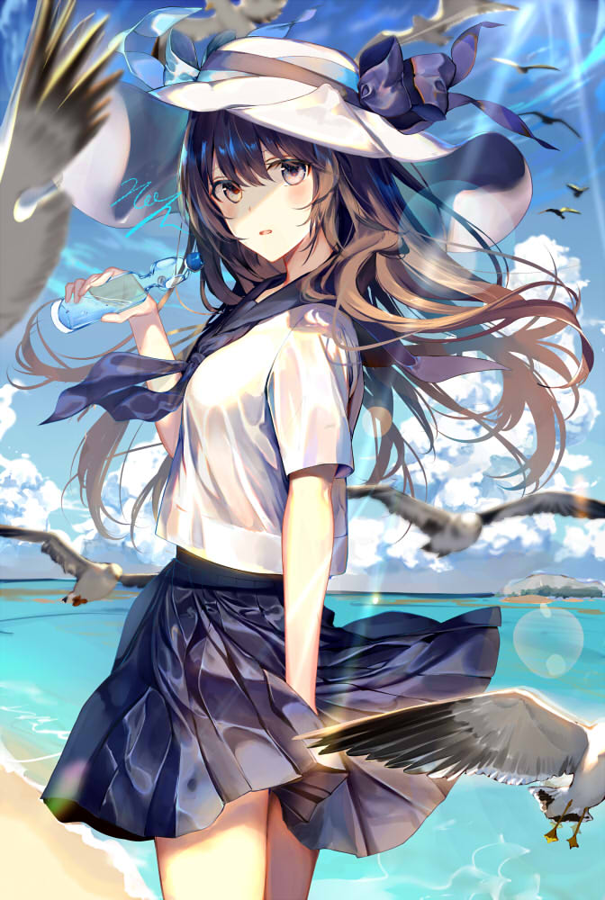 1girl animal bangs beach bird blue_bow blue_neckwear blue_sailor_collar blue_skirt blue_sky blurry blurry_background blush bottle bow brown_eyes brown_hair clouds commentary_request day depth_of_field flying hair_between_eyes hand_up hat hat_bow holding holding_bottle horizon kouyafu long_hair looking_at_viewer looking_to_the_side neckerchief ocean original outdoors parted_lips pleated_skirt ramune sailor_collar sand school_uniform serafuku shirt short_sleeves signature skirt sky solo standing very_long_hair water white_hat white_shirt