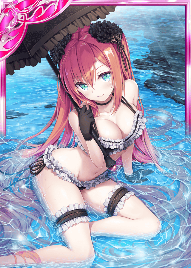 1girl akkijin bikini black_gloves blue_eyes breasts card_(medium) garter_straps gloves hair_ornament long_hair medium_breasts official_art orange_hair parasol shinkai_no_valkyrie sitting swimsuit umbrella very_long_hair water