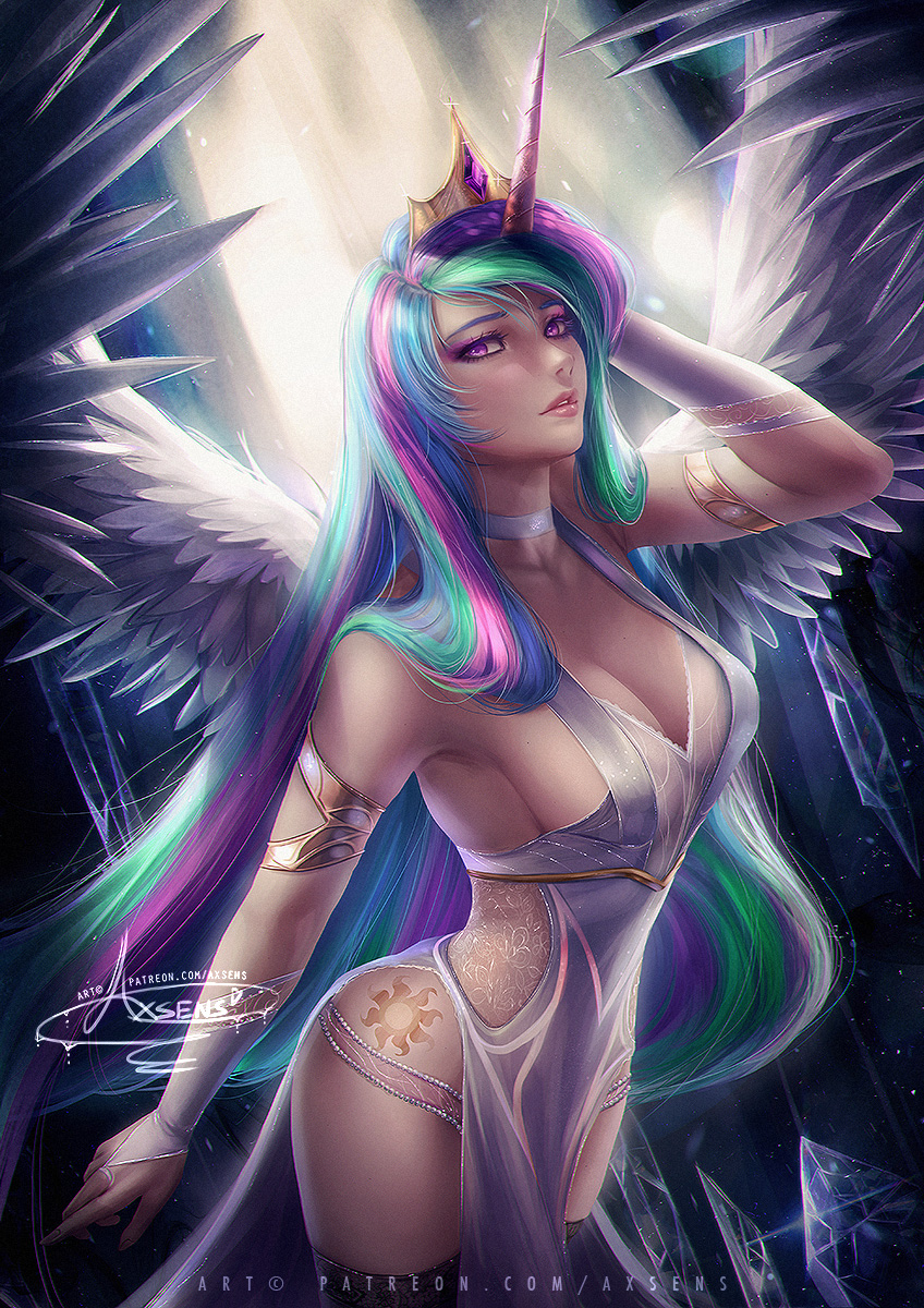 1girl alexandra_mae blue_hair breasts celestia_(my_little_pony) cleavage crown cutie_mark green_hair highres horn humanization large_breasts long_hair multicolored_hair my_little_pony my_little_pony_friendship_is_magic personification pink_hair purple_hair solo translucent_dress very_long_hair violet_eyes wings