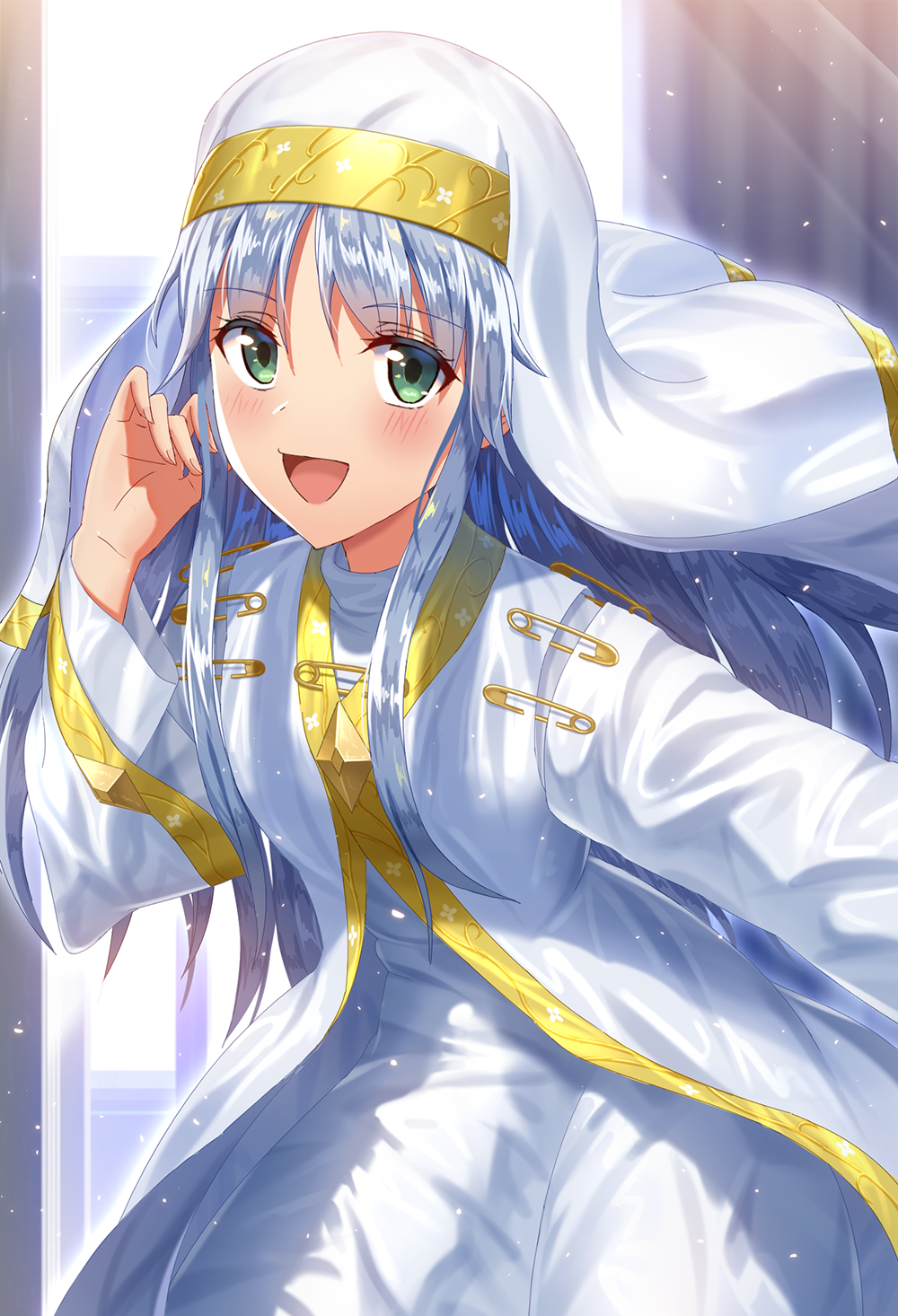 1girl :d bangs blush commentary_request day eyebrows_visible_through_hair fingernails green_eyes habit hair_between_eyes hand_up highres index indoors long_hair long_sleeves looking_at_viewer mikomiko_(mikomikosu) nun open_mouth robe silver_hair smile solo sunlight to_aru_majutsu_no_index very_long_hair white_robe wide_sleeves window