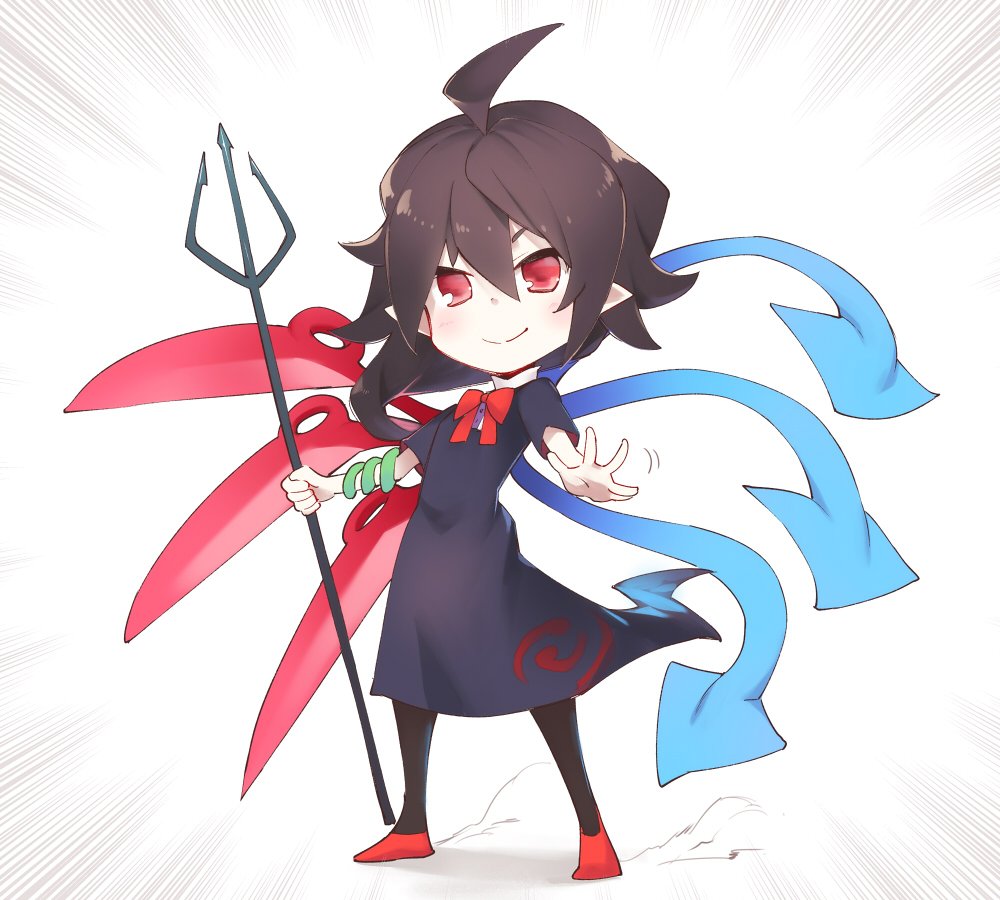 1girl ahoge asutora asymmetrical_wings black_dress black_hair black_legwear blue_wings bow bowtie chibi commentary_request dress emphasis_lines full_body hair_between_eyes holding holding_weapon houjuu_nue pointy_ears polearm red_bow red_eyes red_footwear red_neckwear red_wings shoes short_hair short_sleeves simple_background snake solo standing touhou trident weapon white_background wings