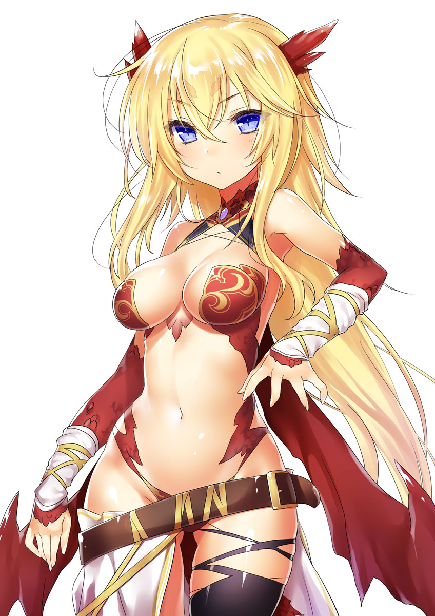 1girl 47agdragon asymmetrical_legwear bangs bare_shoulders belt_buckle black_legwear blonde_hair blue_eyes blush breasts brown_belt buckle closed_mouth commentary_request dragon_horns eyebrows_visible_through_hair fingernails hair_between_eyes highres horns long_hair looking_at_viewer medium_breasts navel original revealing_clothes simple_background single_thighhigh solo thigh-highs v-shaped_eyebrows very_long_hair white_background