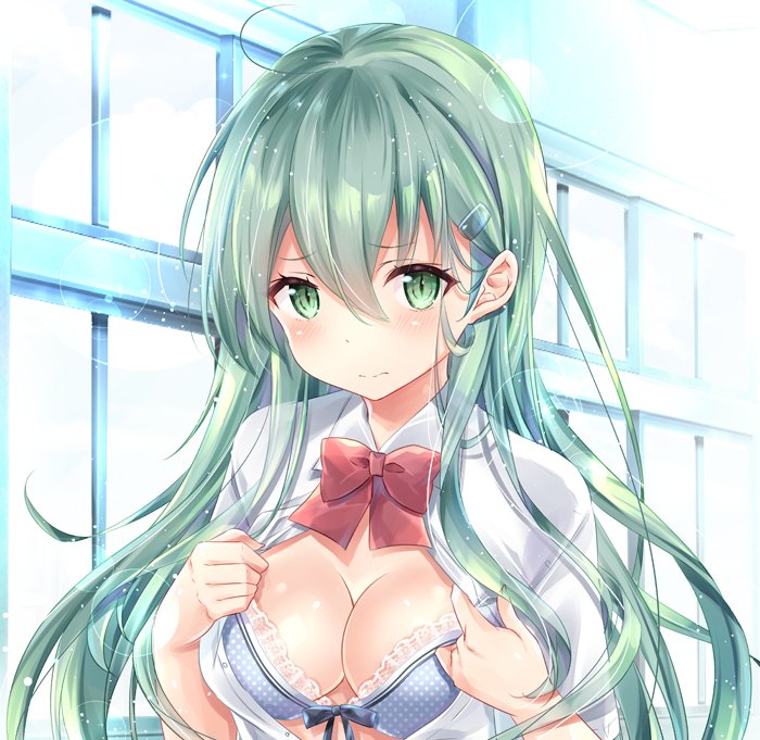 1girl aqua_hair blue_bra blush bow bowtie bra breasts collared_shirt embarrassed frilled_bra frills green_eyes hair_between_eyes hair_ornament hairclip kantai_collection kurun_(kurun777) large_breasts long_hair looking_at_viewer open_clothes open_shirt red_neckwear remodel_(kantai_collection) shirt sidelocks solo suzuya_(kantai_collection) underwear upper_body white_shirt window