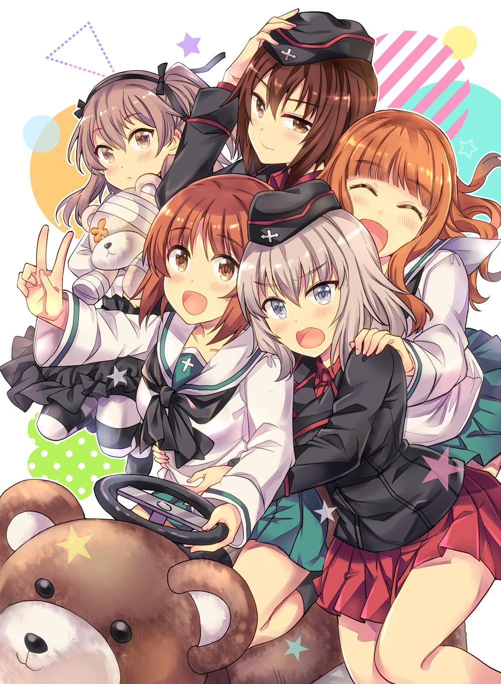 5girls :d bangs bear black_hat black_jacket black_legwear black_skirt blouse blue_eyes blunt_bangs blush boko_(girls_und_panzer) brown_eyes brown_hair casual circle closed_mouth commentary_request dress_shirt eyebrows_visible_through_hair food fruit garrison_cap girls_und_panzer green_skirt hand_on_another's_shoulder hand_on_headwear hat highres holding holding_fruit holding_stuffed_animal hug hug_from_behind itsumi_erika jacket kiddie_ride kuromorimine_military_uniform layered_skirt light_brown_eyes light_brown_hair light_frown light_smile long_hair long_sleeves looking_at_viewer medium_skirt military military_hat military_uniform miniskirt multiple_girls neckerchief nishizumi_maho nishizumi_miho ooarai_school_uniform open_mouth orange_eyes orange_hair pantyhose pleated_skirt pose red_shirt red_skirt riding school_uniform serafuku shimada_arisu shirt short_hair siblings side_ponytail silver_hair sisters sitting skirt smile socks standing star striped striped_legwear stuffed_animal stuffed_toy takebe_saori takitarou teddy_bear triangle uniform v white_blouse white_shirt