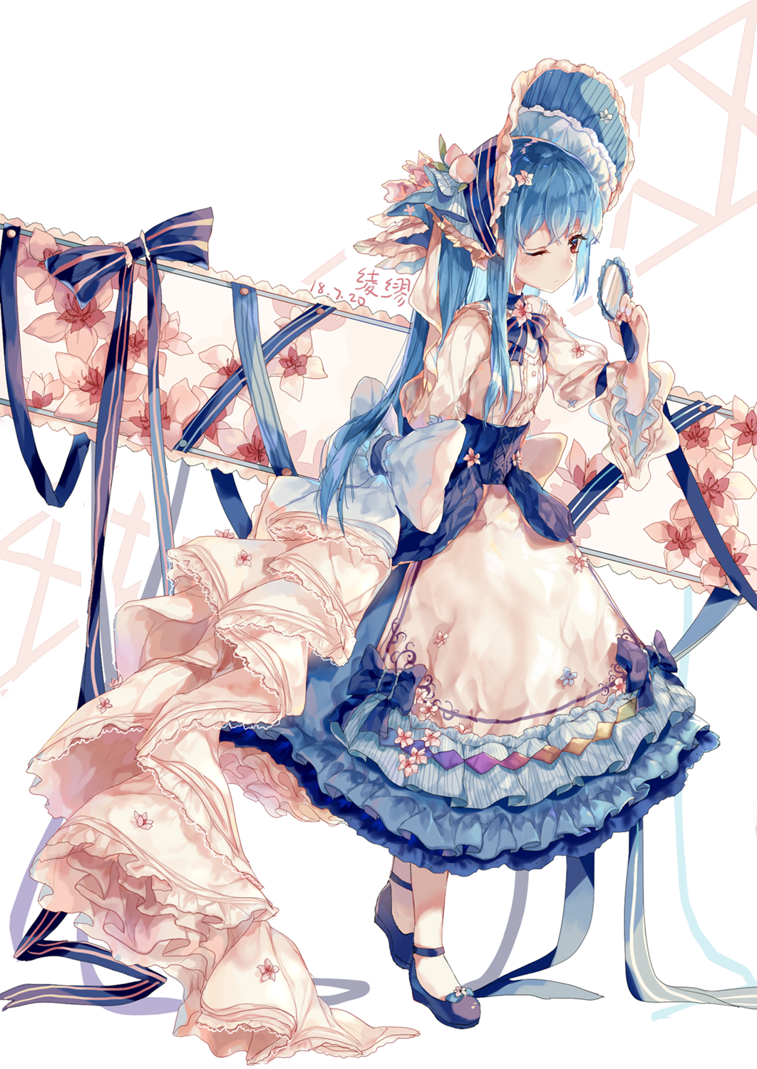 1girl adapted_costume alternate_costume back_bow blue_hair bow dress flower frilled_dress frills highres hinanawi_tenshi ling_mou mirror red_eyes ribbon touhou