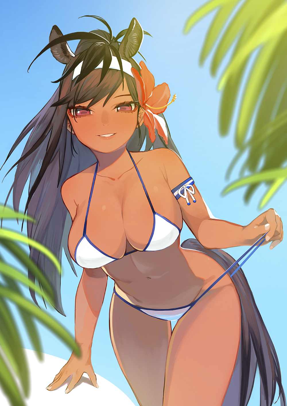 1girl animal_ears bikini bikini_pull black_hair brown_thoroughbred_(kemono_friends) dark_skin highres horse_ears horse_girl horse_tail japan_racing_association juz kemono_friends long_hair looking_at_viewer red_eyes smile solo swimsuit tail white_bikini