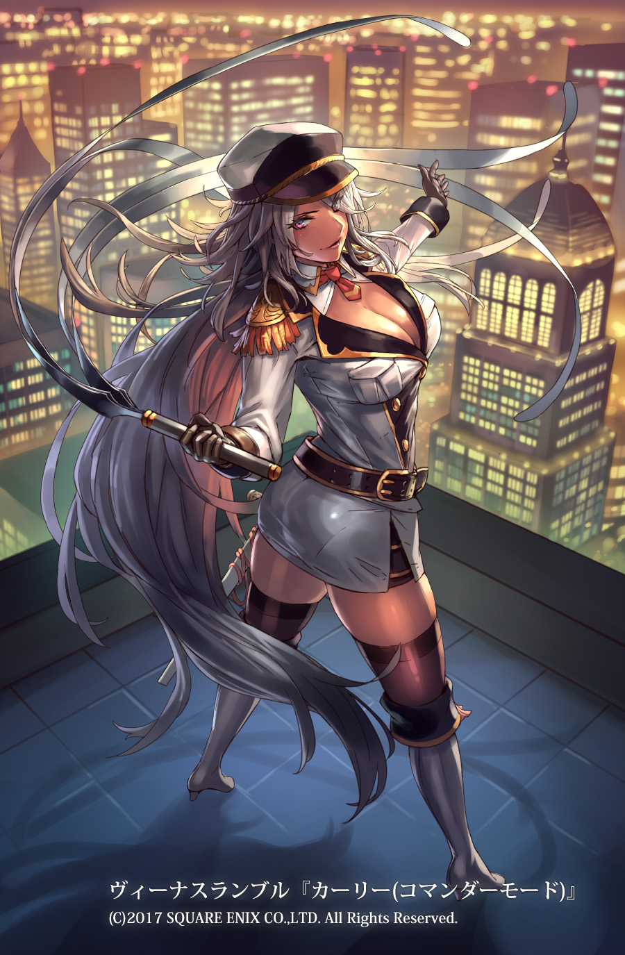 1girl ass back belt black_gloves black_legwear boots breasts city cleavage cuboon dark_skin gloves grey_hair hat high_heels highres long_hair looking_at_viewer night official_art skirt smile solo thigh-highs venus_rumble very_long_hair violet_eyes whip