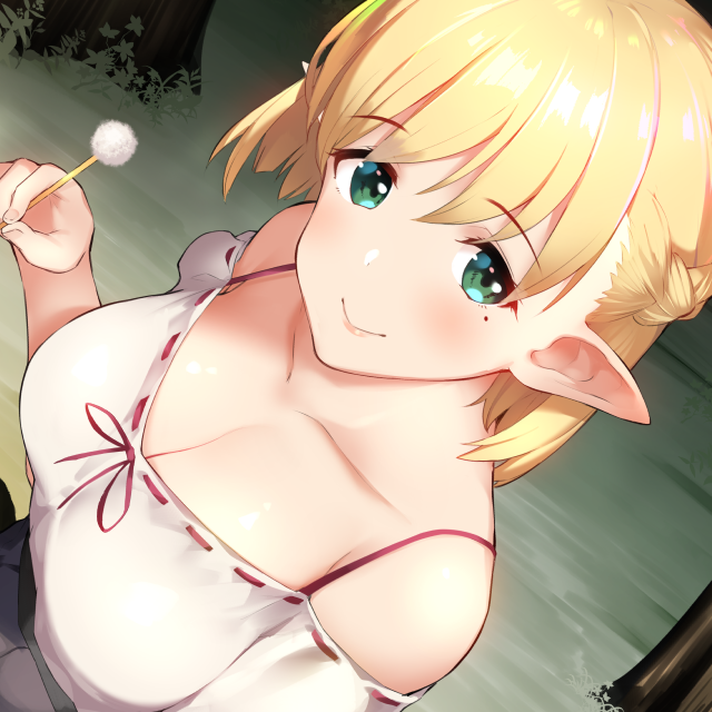 1girl bare_shoulders batsu black_skirt blonde_hair blush braid breasts cleavage closed_mouth cotton_swab elf eyebrows_visible_through_hair forest french_braid green_eyes holding large_breasts looking_at_viewer mimikaki mole mole_under_eye nature original outdoors pleated_skirt pointy_ears shirt short_hair sitting skirt smile solo tree white_shirt