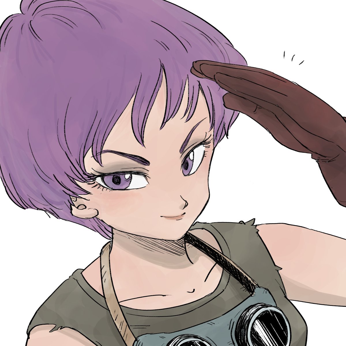 +++ 1girl brown_gloves close-up dragon_ball dragon_ball_(classic) eyelashes face gloves goggles goggles_around_neck grey_shirt happy highres looking_at_viewer purple_hair salute shirt short_hair simple_background sleeveless sleeveless_shirt smile solo_focus tkgsize upper_body violet_(dragon_ball) violet_eyes white_background