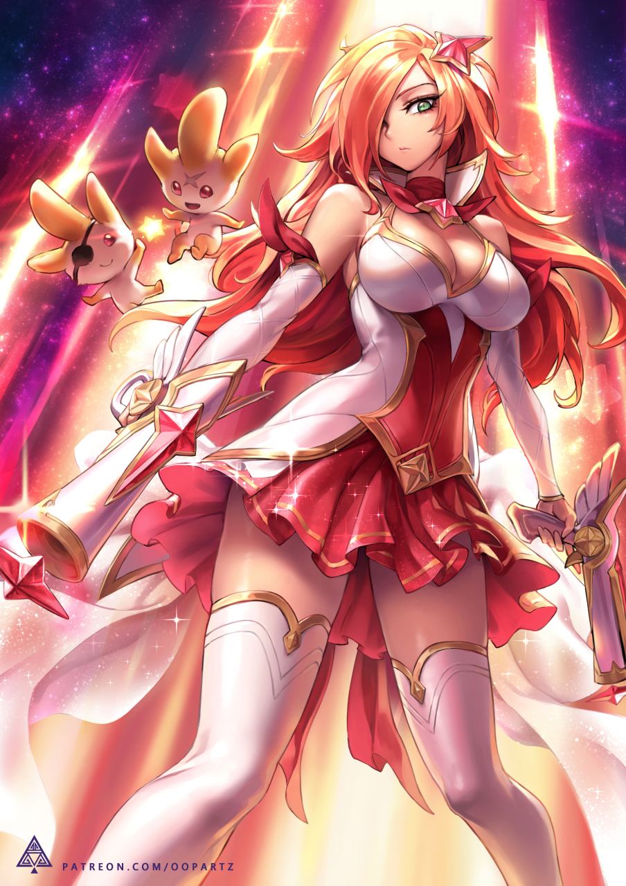 1girl bare_shoulders breasts choker cleavage detached_sleeves green_eyes gun hair_ornament hair_over_one_eye handgun highres holding holding_gun holding_weapon league_of_legends long_hair looking_at_viewer magical_girl medium_breasts oopartz_yang orange_hair patreon_username pistol red_choker red_skirt sarah_fortune skirt solo standing star star_guardian_miss_fortune star_hair_ornament thigh-highs weapon white_legwear zettai_ryouiki