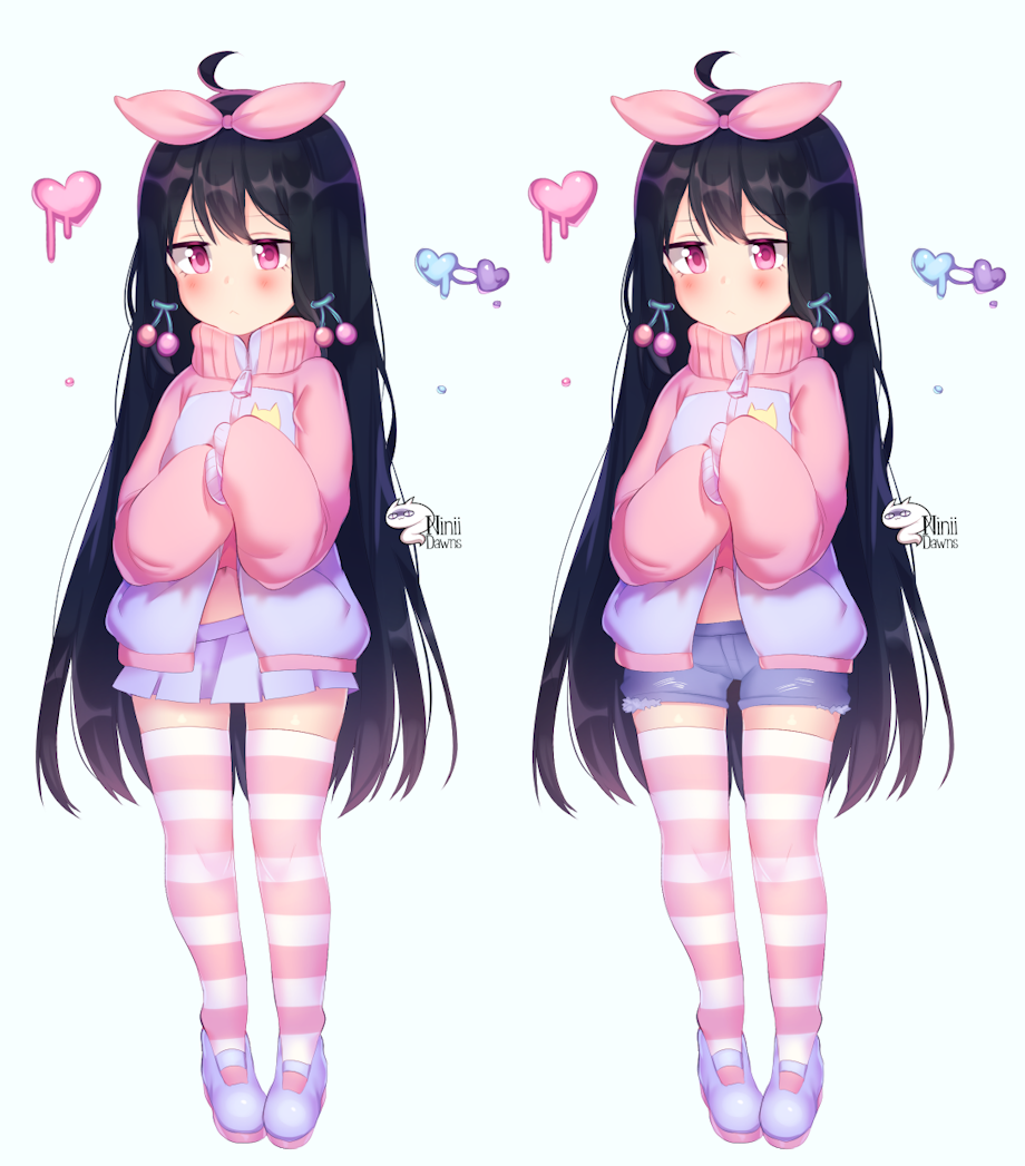 1girl ahoge bangs black_hair bow hair_bow hair_ornament hair_ribbon jacket long_hair long_sleeves multicolored multicolored_clothes multicolored_legwear navel original pink_eyes proofmeh ribbon short_shorts shorts skirt straight_hair striped striped_legwear thigh-highs violet_eyes