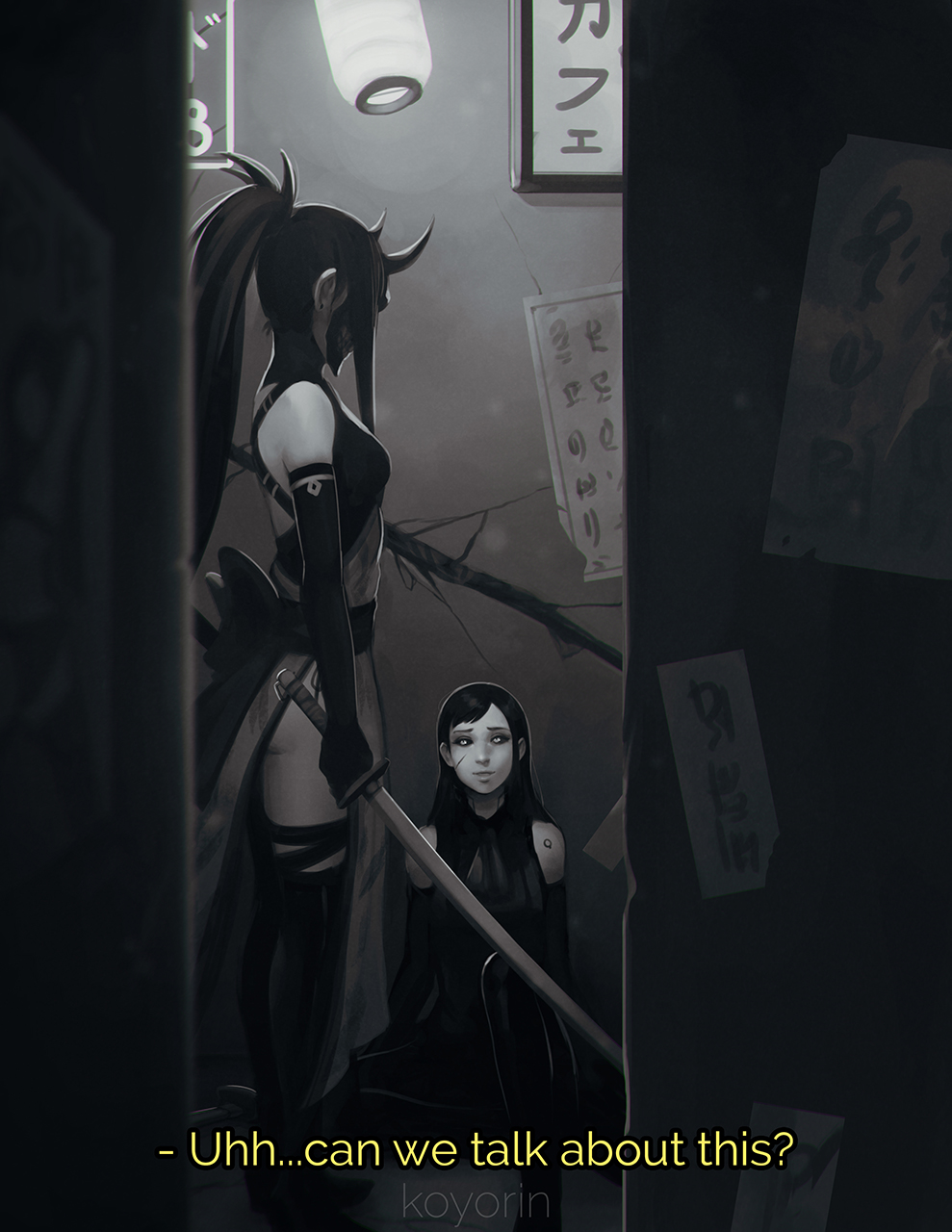 2girls artist_name black_hair elbow_gloves english gloves highres koyorin long_hair looking_at_another looking_to_the_side monochrome multiple_girls oni_mask original ponytail sitting standing sword thigh-highs weapon