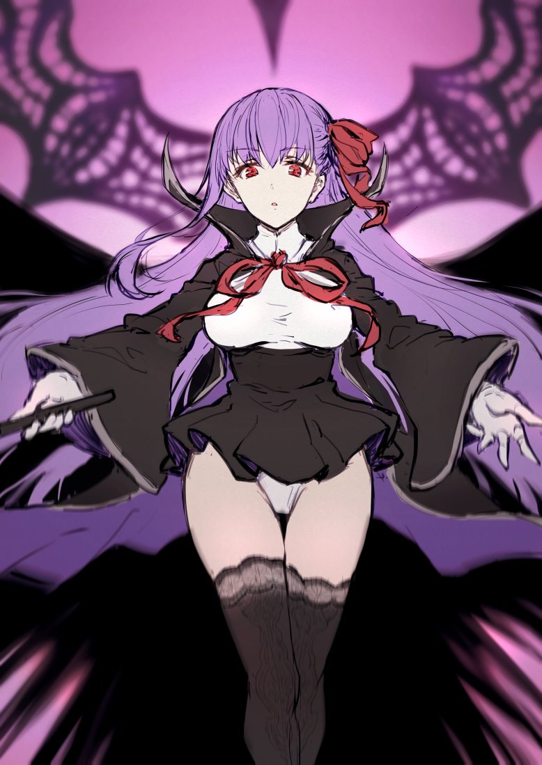 1girl bangs bb_(fate/extra_ccc) black_coat black_skirt breasts fate/extra fate/extra_ccc fate/grand_order fate_(series) gloves hair_ribbon haoni high-waist_skirt large_breasts long_hair looking_at_viewer open_mouth panties purple_background purple_hair red_eyes red_ribbon ribbon skirt thick_thighs thigh-highs thighs underwear very_long_hair white_gloves white_panties
