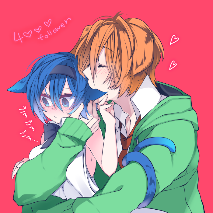 1boy 1girl animal_ears biting black_bow blue_eyes blue_hair blush bow cat_ears cevio closed_eyes dog_ears ear_biting green_hoodie hairband heart hetero hood hoodie looking_away minase_kou necktie pink_background red_neckwear shirt short_hair simple_background sleeveless sleeveless_shirt suzuki_tsudumi trpg01 voiceroid white_shirt