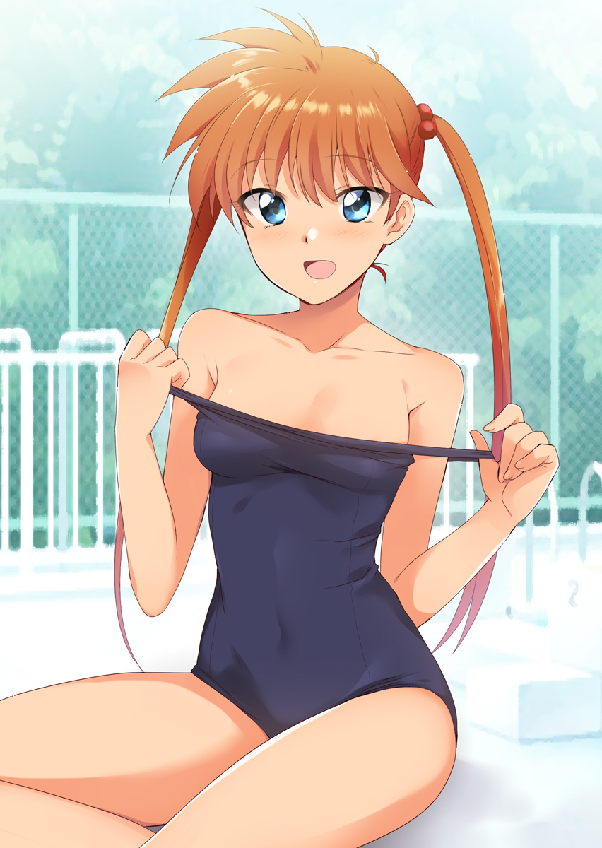 1girl :d bangs bare_arms bare_shoulders blue_eyes blue_swimsuit blurry blurry_background blush breasts chain-link_fence cleavage collarbone commentary_request covered_navel day eyebrows_visible_through_hair fence fingernails hair_between_eyes hair_bobbles hair_ornament hands_up highres inaba_kyouko jigoku_sensei_nube kaiga long_hair looking_at_viewer old_school_swimsuit open_mouth orange_hair outdoors pool_ladder poolside school_swimsuit shiny shiny_hair sitting small_breasts smile solo strap_pull swimsuit tree twintails yokozuwari