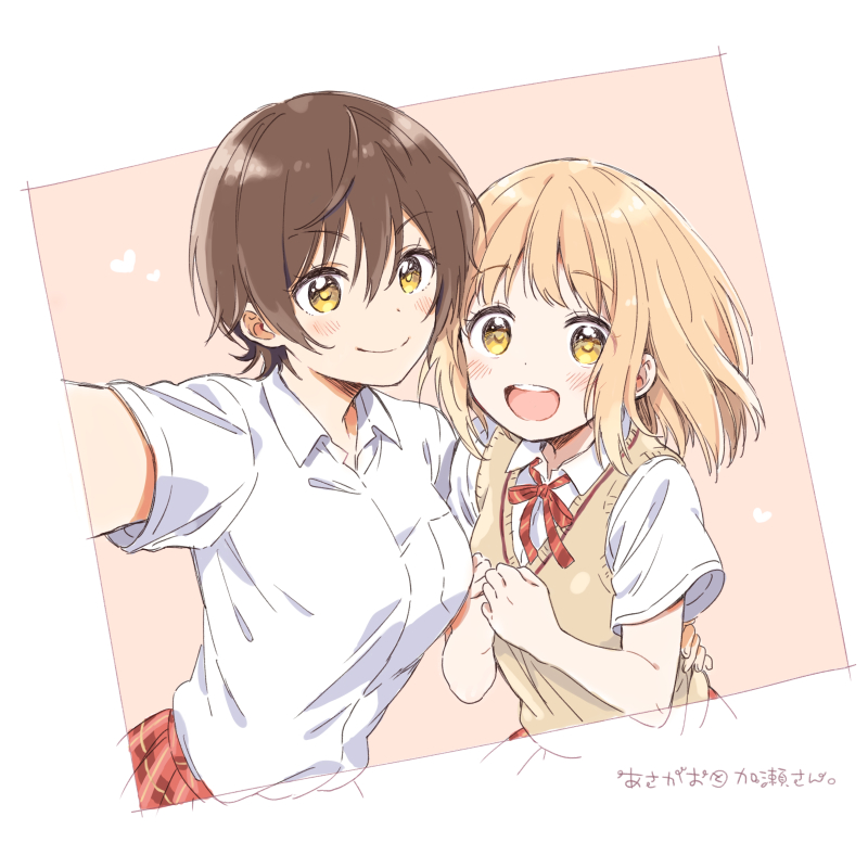 2girls :d asagao_to_kase-san blonde_hair blush breasts brown_hair closed_mouth collared_shirt commentary_request fingernails hand_on_another's_waist hands_up heart kase_tomoka konayama_kata long_hair looking_at_viewer medium_breasts multiple_girls neck_ribbon open_mouth outstretched_arm plaid plaid_skirt pleated_skirt red_ribbon red_skirt ribbon round_teeth self_shot shirt short_hair short_sleeves skirt smile sweater_vest teeth upper_teeth white_shirt yamada_yui yellow_eyes