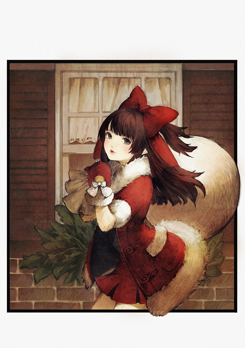 1girl baiguiyu black_eyes blush bow brown_hair coat commentary fur_trim hair_bow leaf light_smile looking_at_viewer mabinogi mittens open_clothes open_coat parted_lips red_bow red_coat red_skirt sack santa_costume short_sleeves skirt solo standing white_bow window