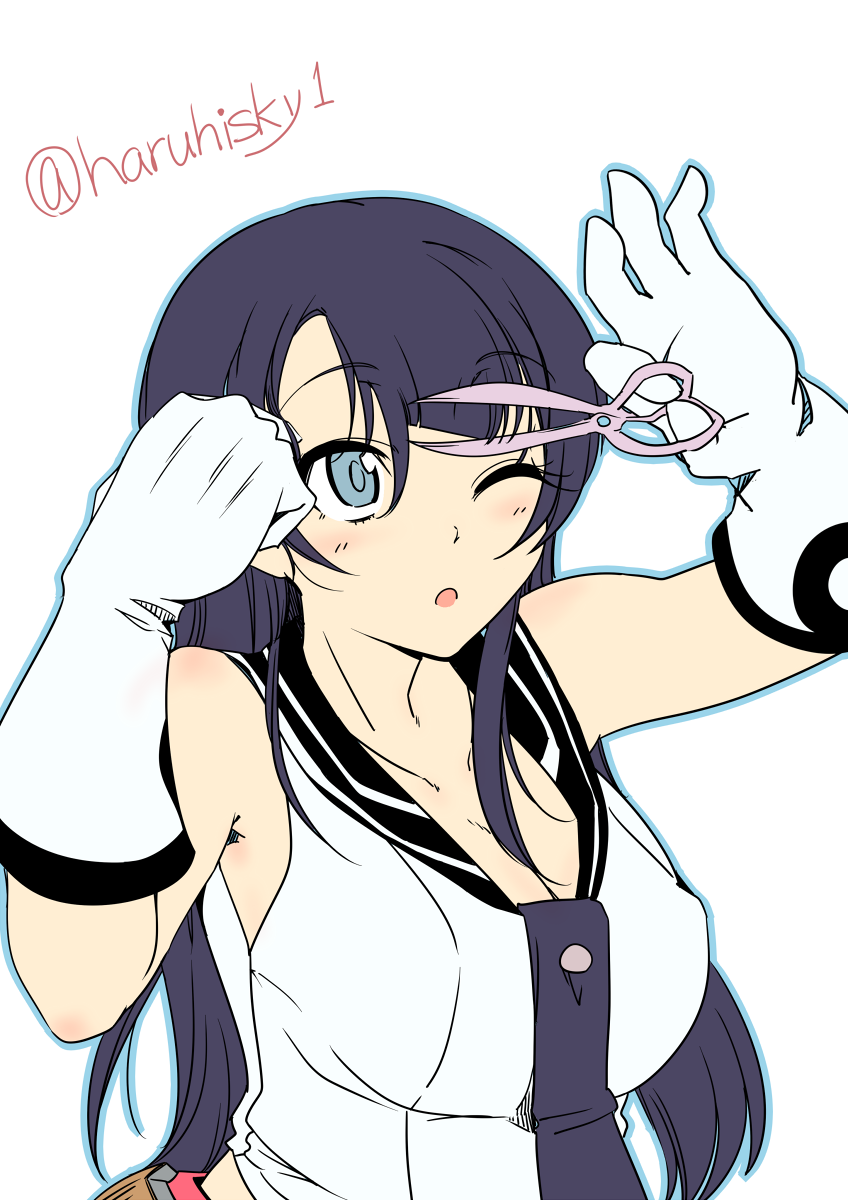 1girl bangs blue_eyes blue_hair blush breasts character_request cleavage cutting_hair eyebrows_visible_through_hair gloves hair_between_eyes hand_in_hair haruhisky highres holding kantai_collection long_hair looking_up one_eye_closed open_mouth sailor_collar sailor_shirt scissors shirt simple_background sleeveless solo twitter_username white_background