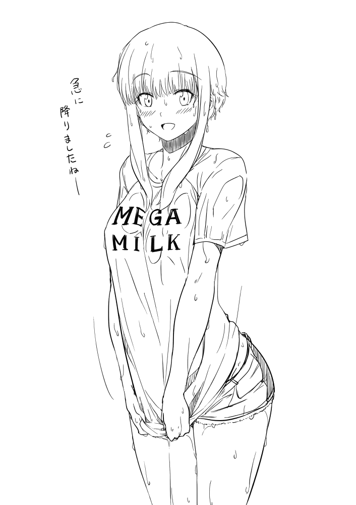 1girl bangs blush breasts clothes_writing denim denim_shorts eyebrows_visible_through_hair haruhisky kuneru_marta maria_marta_cunhel_guloso medium_breasts medium_hair mega_milk monochrome open_mouth shirt shorts simple_background smile solo standing translated wet wet_clothes white_background