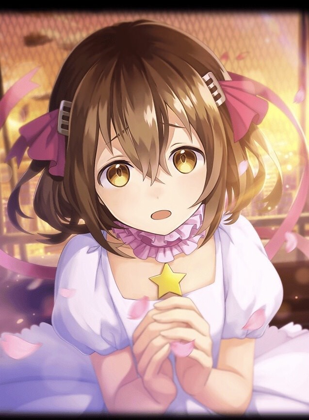 1girl artist_request brown_hair card_captor_sakura chain-link_fence cosplay dress fence hair_between_eyes hair_ornament hairclip hands_clasped jewelry kinomoto_sakura kinomoto_sakura_(cosplay) longinus_(phantom_of_the_kill) necklace official_art open_mouth own_hands_together phantom_of_the_kill pink_ribbon ribbon short_hair star star_necklace white_dress yellow_eyes