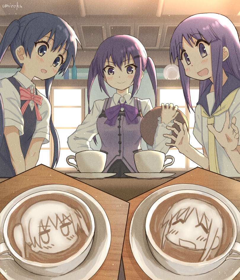 3girls :d bangs blue_eyes blue_hair blue_sailor_collar blush bow breasts closed_mouth coffee collared_shirt commentary_request crossover cup day dress_shirt eyebrows_visible_through_hair gochuumon_wa_usagi_desu_ka? hair_between_eyes hair_ornament hairclip hands_up hinata_yukari indoors kin-iro_mosaic komichi_aya latte_art long_sleeves medium_breasts multiple_crossover multiple_girls necktie open_mouth pink_bow purple_bow purple_hair purple_vest rabbit_house_uniform sailor_collar saucer school_uniform serafuku shirt short_sleeves signature smile striped striped_bow sweater_vest teacup tedeza_rize twintails umiroku uniform vest violet_eyes waitress white_shirt window yellow_neckwear yuyushiki