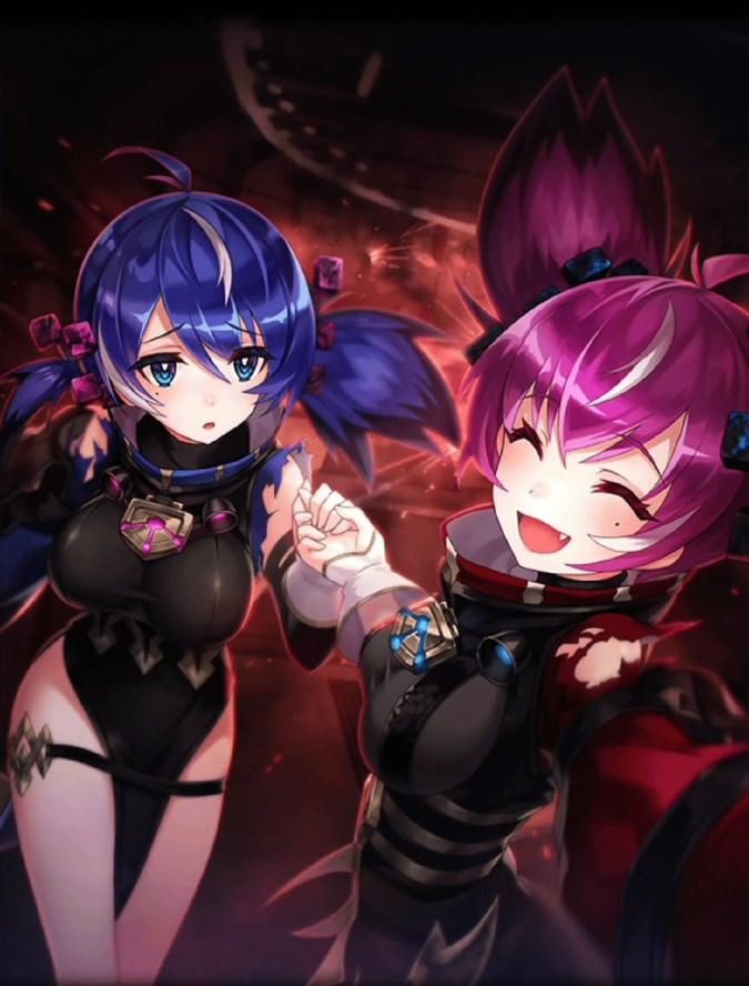 2girls artist_request bangs blue_eyes blue_hair breasts closed_eyes detached_sleeves fang hair_between_eyes hair_ornament hair_ribbon hand_holding large_breasts lock moralltach_(phantom_of_the_kill) multiple_girls official_art open_mouth phantom_of_the_kill pink_hair ribbon siblings sisters smile torn_clothes vegalta_(phantom_of_the_kill)