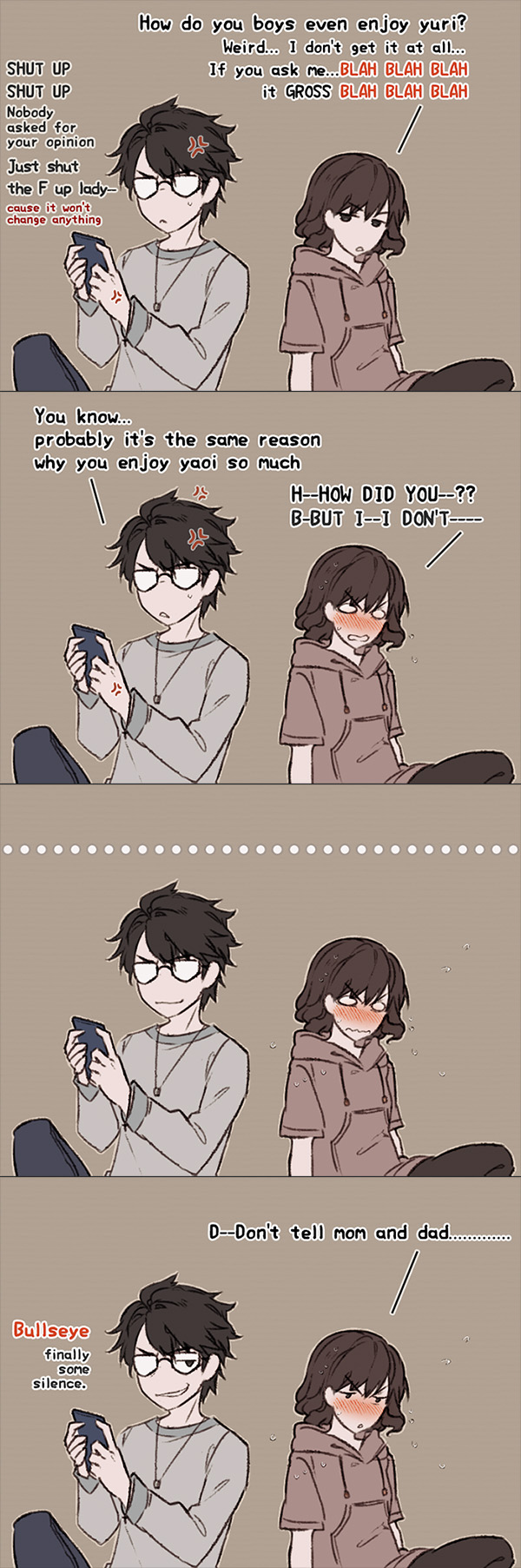 ... 1boy 1girl 4koma anger_vein bangs black_hair blue_pants blush brown_hair brown_hoodie brown_pants cellphone closed_mouth comic commentary embarrassed english english_commentary eyebrows_visible_through_hair flustered grey_shirt hair_between_eyes hands_up highres holding holding_cellphone holding_phone hood hood_down hoodie kawacy long_sleeves nose_blush original pants parted_lips phone shirt short_sleeves sitting smirk sweat v-shaped_eyebrows