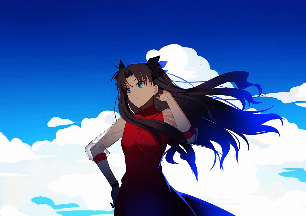 1girl adjusting_hair alternate_costume aqua_eyes bangs black_hair black_ribbon closed_mouth clouds cloudy_sky commentary dress fate/stay_night fate_(series) female floating_hair hair_ribbon hand_on_hip hand_up highres long_dress long_hair parted_bangs red_clothes red_dress ribbon sky solo standing tohsaka_rin transparent_sleeves two_side_up type-moon v-neck wind yaoshi_jun